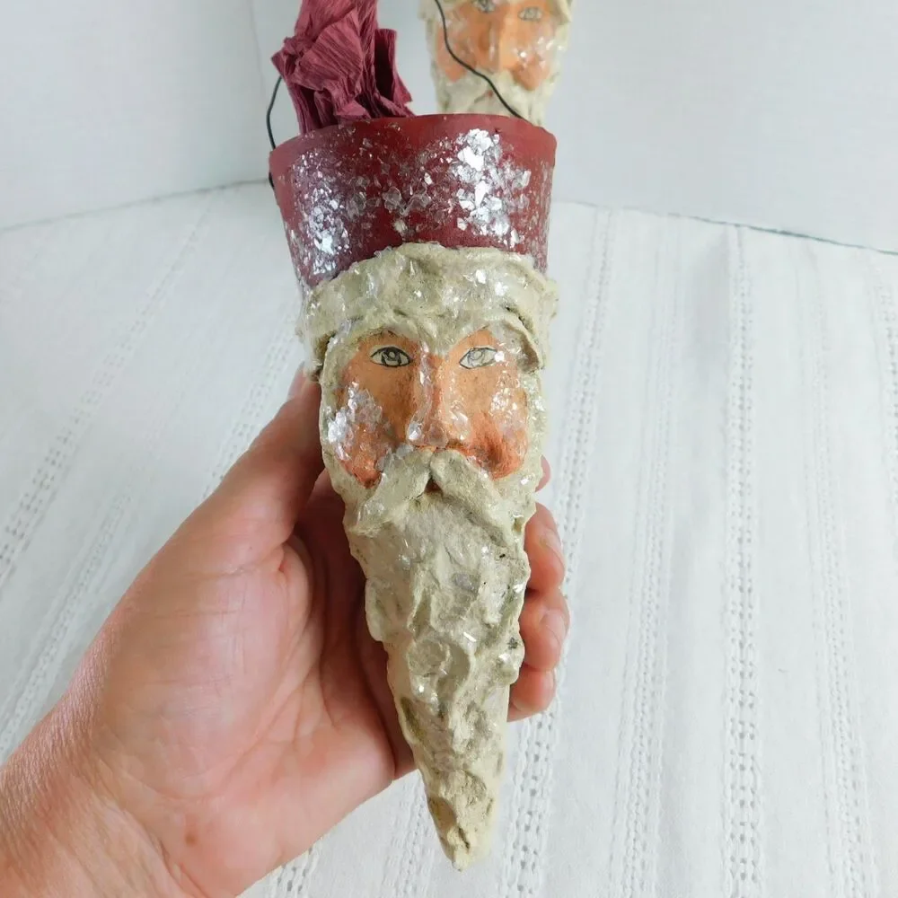 Christmas Ornaments Santa Plaster Handmade Sugared Lot of 2, Red Cones Vintage